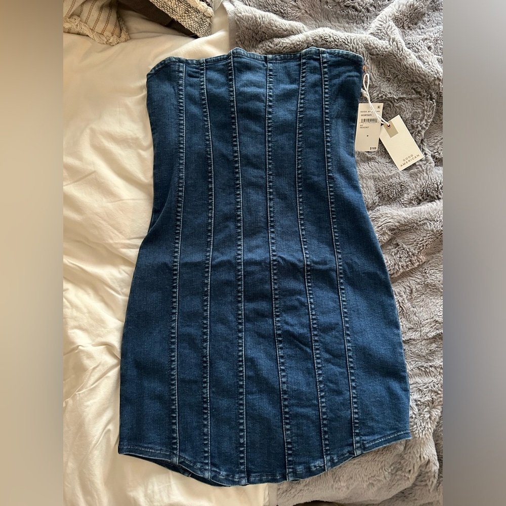 Good American Womens Indigo637 Strapless Corset Stretch-Denim Blend Mini Dress